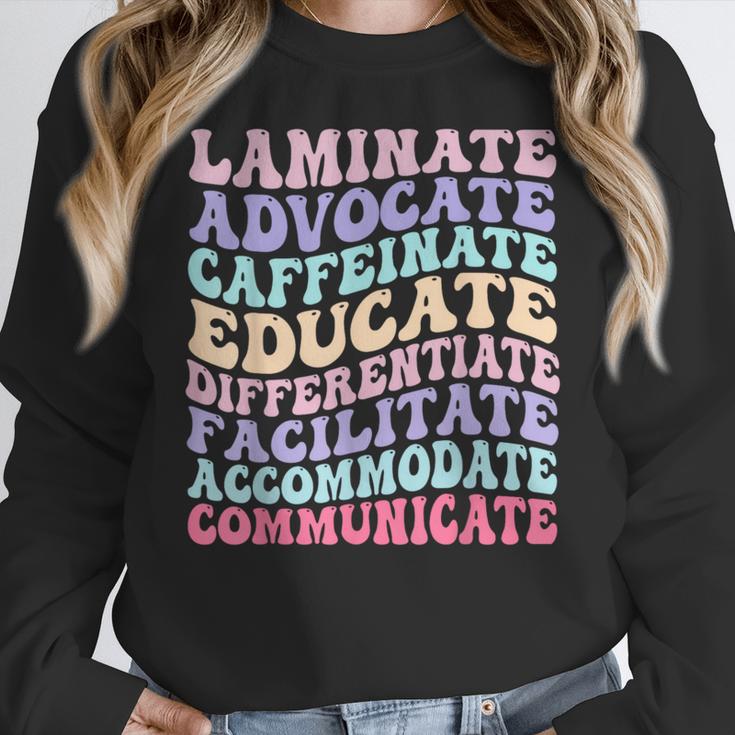 Sped Caffeinate Advocate Laminate Educate Teacher Women Crewneck Sweatshirt, funny design Sped Caffeinate Advocate Laminate Educate Teacher Women Crewneck Sweatshirt, funny design