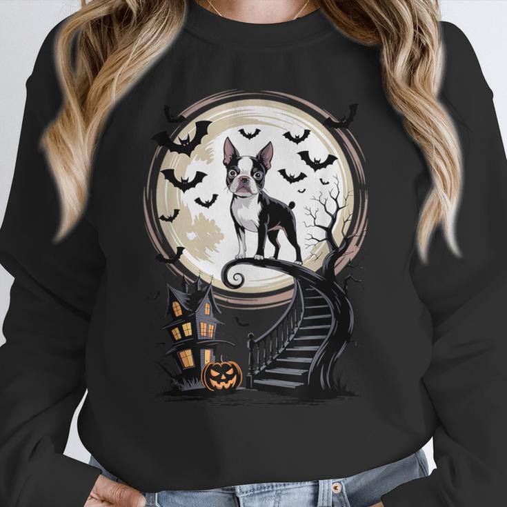 Spooky Halloween Moon Boston Terrier Boston Bull Bostie Women Crewneck Sweatshirt, Boston Terrier Halloween Gifts, funny design