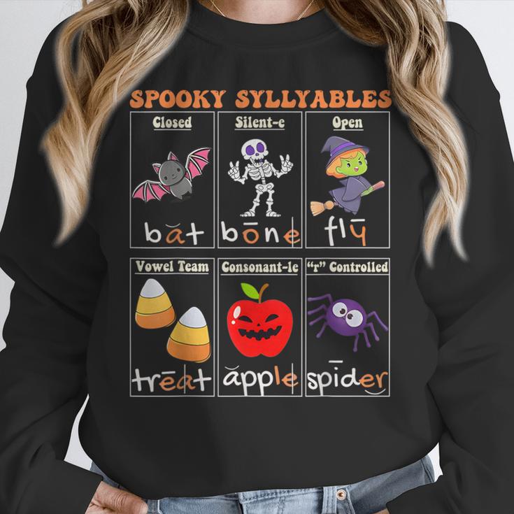 Spooky Syllables Halloween Teacher Student Education Women Crewneck Sweatshirt, funny design