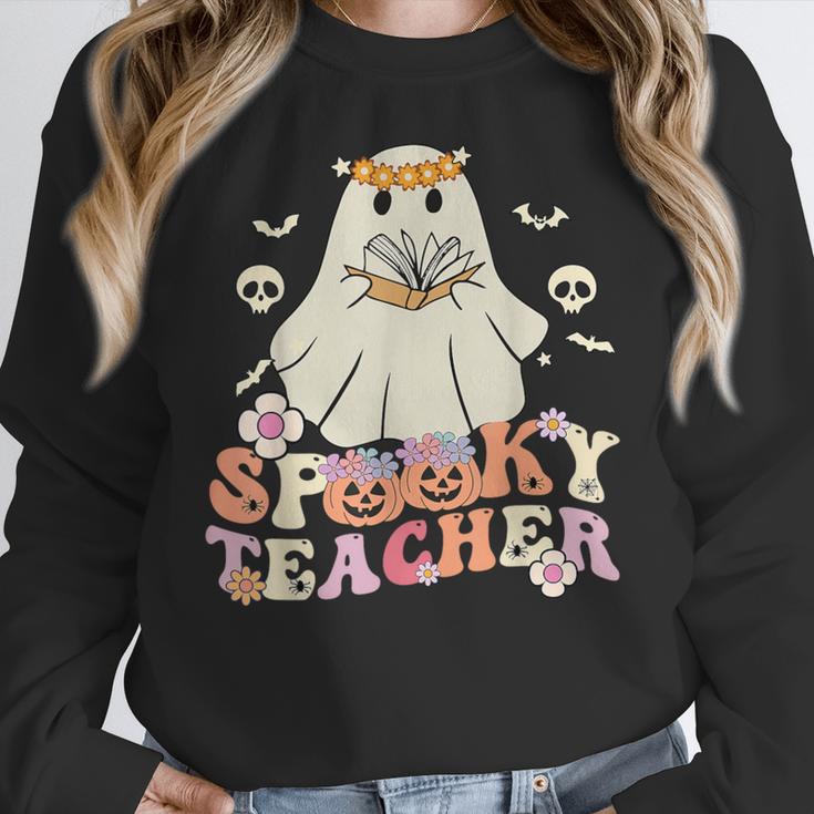 Spooky Teacher Groovy Retro Ghost Teacher Halloween 2023 For Men Women Kids Women Crewneck Sweatshirt, Groovy Teacher Gifts, funny design