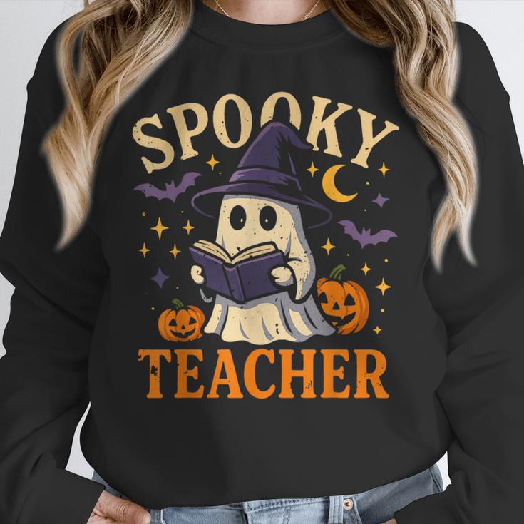 Spooky Teacher Halloween Cute Ghost Pumpkin Reading Women Women Crewneck Sweatshirt, funny design