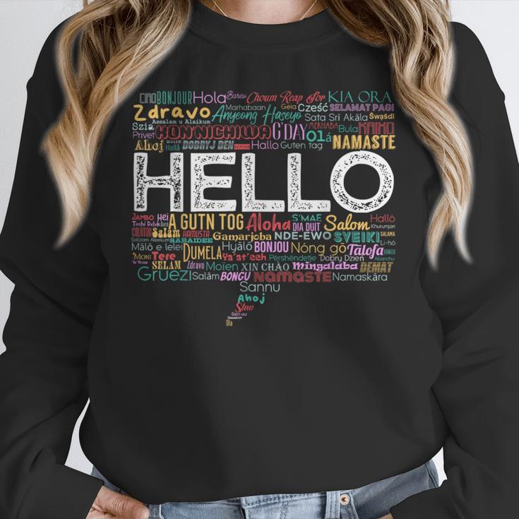 Start With Hello Different World Language Learning Teacher Women Crewneck Sweatshirt, funny design