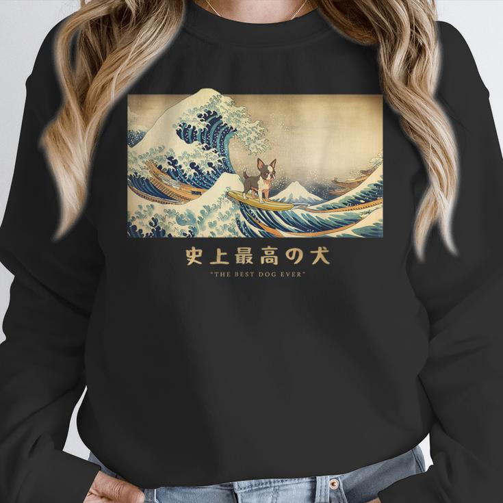 Surfing Boston Terrier Kanagawa Wave Japanese Dog For Men Women Kids Women Crewneck Sweatshirt, funny design