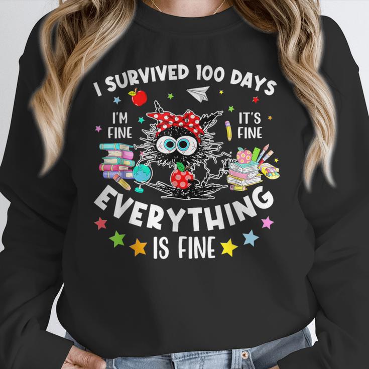 I Survived 100 Days Of School Teacher Kids Cat Lover Women Crewneck Sweatshirt, funny design