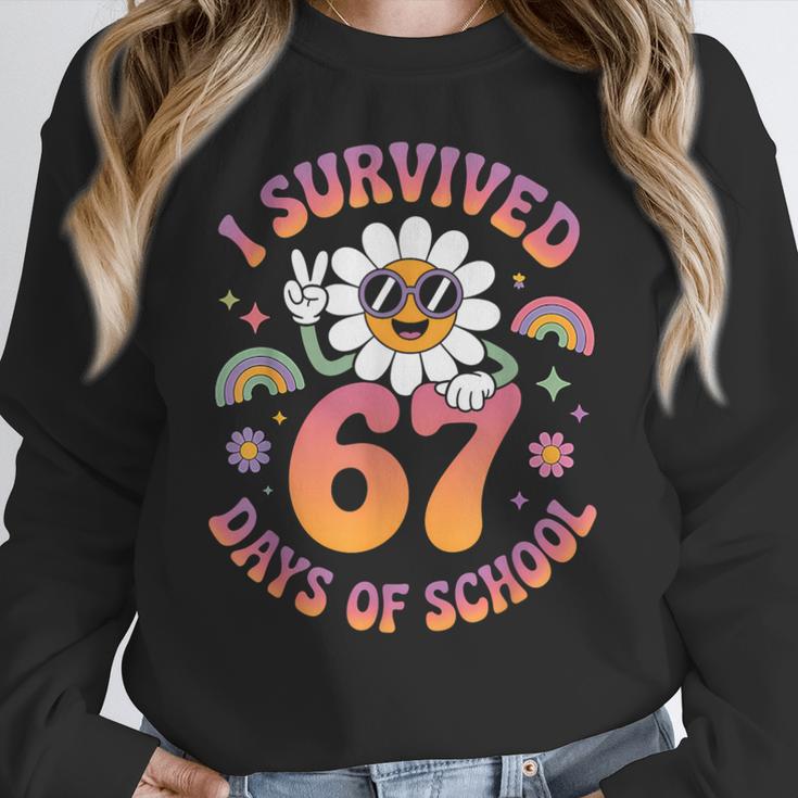 I Survived 67 Days Of School Groovy Retro Teachers Girls Women Crewneck Sweatshirt, funny design