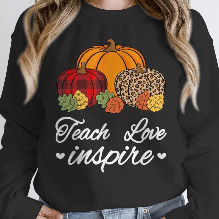 Teach Love Inspire Autumn Fall Plaid Leopard Pumpkin Teacher For Men Women Kids Women Crewneck Sweatshirt, funny design