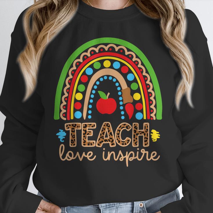 Teach Love Inspire Rainbow Leopard Cheetah Print Teacher Women Crewneck Sweatshirt, funny design