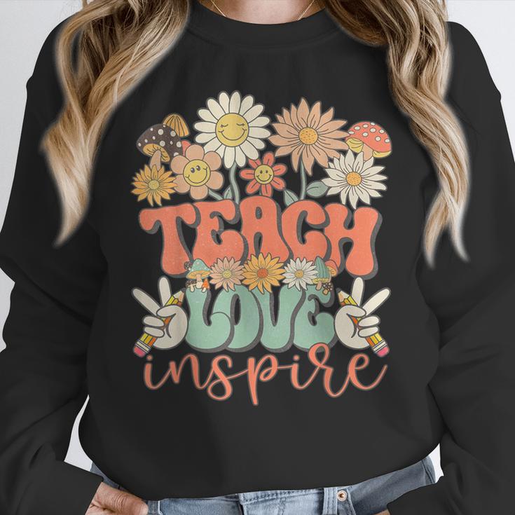 Teach Love Inspire Retro Groovy Daisy Back To School Teacher For Men Women Kids Women Crewneck Sweatshirt, Groovy Teacher Gifts, funny design Teach Love Inspire Retro Groovy Daisy Back To School Teacher For Men Women Kids Women Crewneck Sweatshirt, Groovy Teacher Gifts, funny design