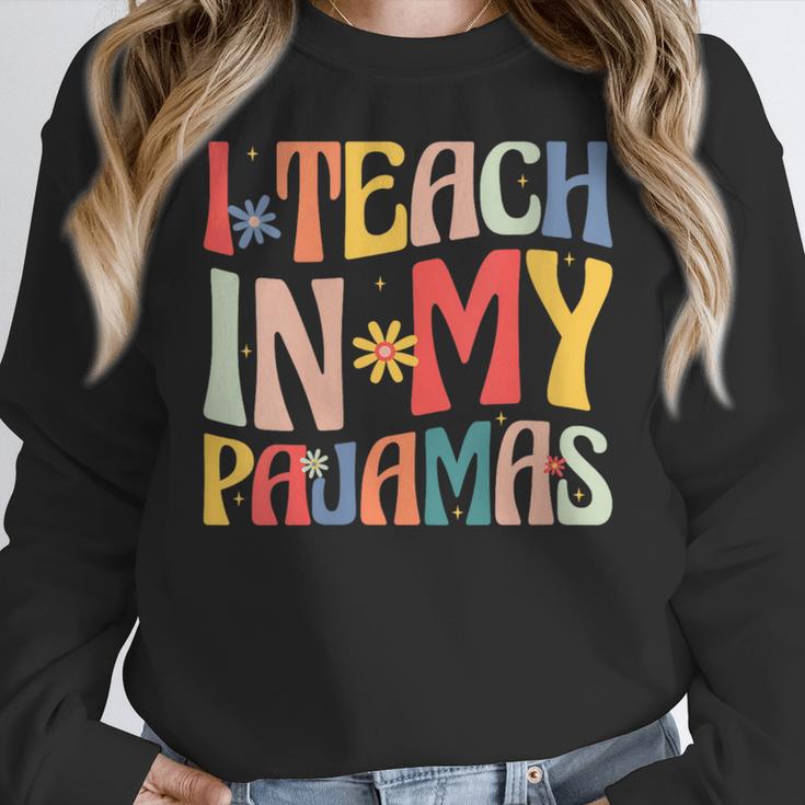 I Teach In My Pajamas Retro Groovy Teacher Humor Women Crewneck Sweatshirt, Groovy Teacher Gifts, funny design I Teach In My Pajamas Retro Groovy Teacher Humor Women Crewneck Sweatshirt, Groovy Teacher Gifts, funny design