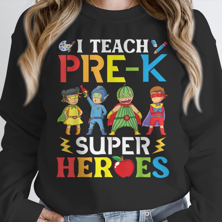 I Teach Pre-K Superheroes Students Teacher Back To School Women Crewneck Sweatshirt, funny design I Teach Pre-K Superheroes Students Teacher Back To School Women Crewneck Sweatshirt, funny design