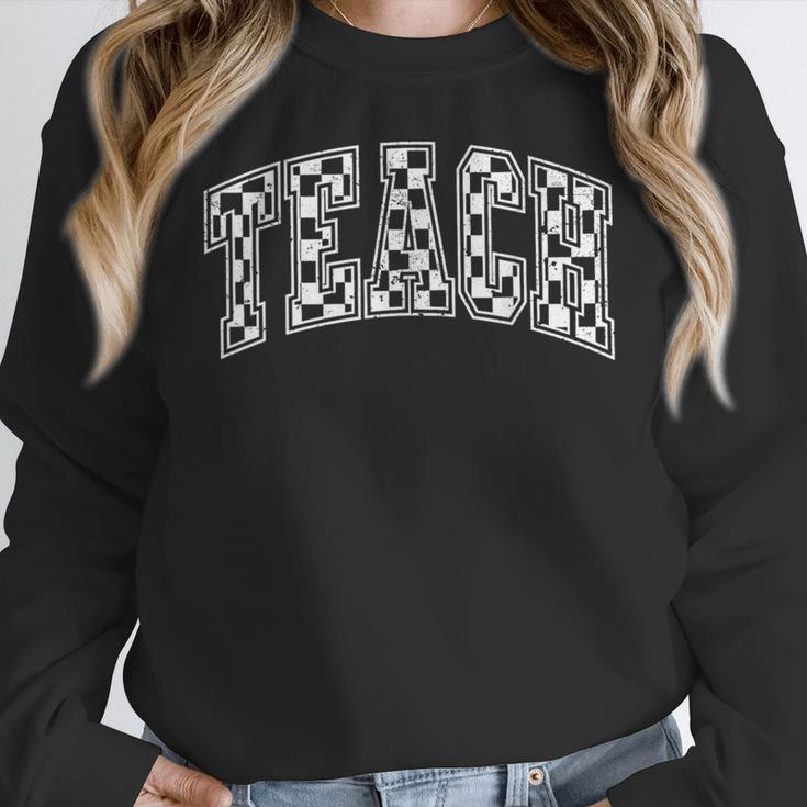 Teach Teacher Checkered First Day Of School Back To School Women Crewneck Sweatshirt, funny design Teach Teacher Checkered First Day Of School Back To School Women Crewneck Sweatshirt, funny design
