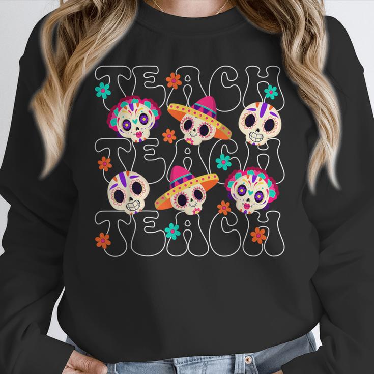 Teach Teacher Dia De Los Muertos Day Of The Dead Sugar Skull Women Crewneck Sweatshirt, funny design