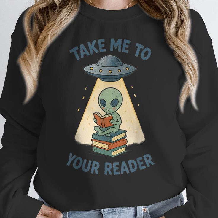 Teacher Alien Books UFO Reading Take Me To Your Reader Women Crewneck Sweatshirt, funny design Teacher Alien Books UFO Reading Take Me To Your Reader Women Crewneck Sweatshirt, funny design