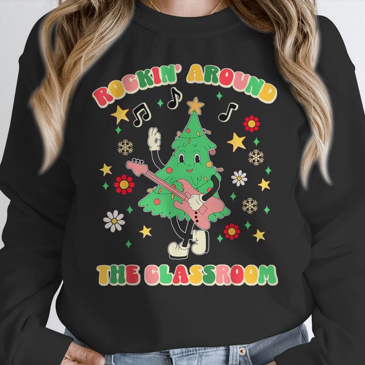Teacher Christmas Shirts Pajama Matching Rockin' Around The Classroom -Adult Short Sleeve Small Modern Festive Christmas Teacher Xmas Vibes T-Shirt Women Crewneck Sweatshirt, funny design