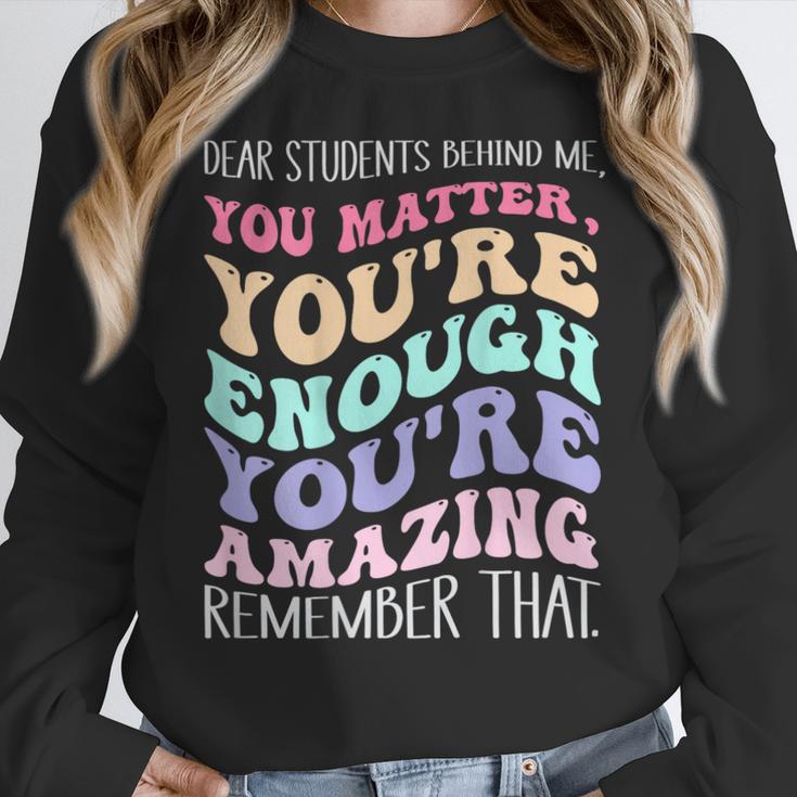 Teacher Dear Students Behind Me 1st Day Of School On Back Women Crewneck Sweatshirt, funny design Teacher Dear Students Behind Me 1st Day Of School On Back Women Crewneck Sweatshirt, funny design