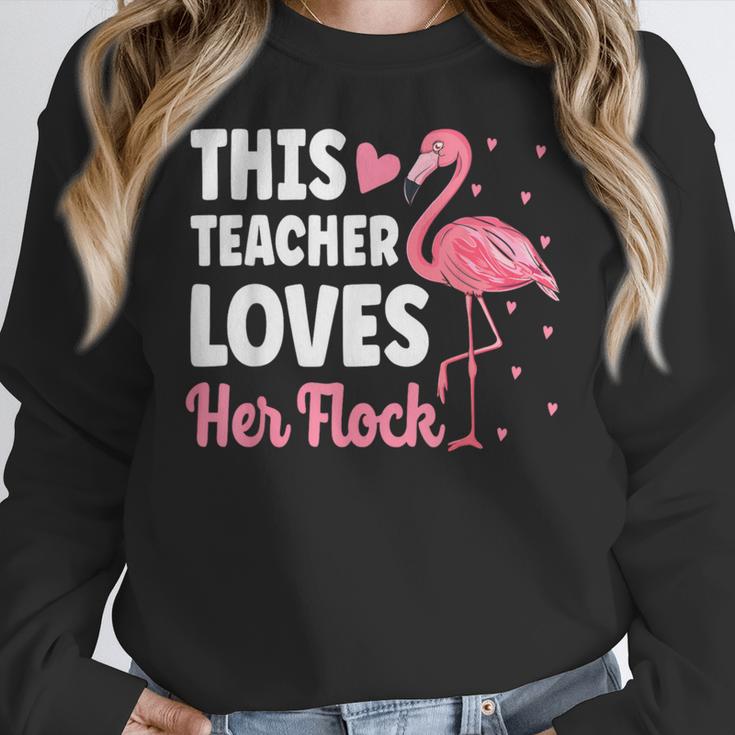 This Teacher Loves Her Flock Teaching Flamingo Girl Women Crewneck Sweatshirt, funny design
