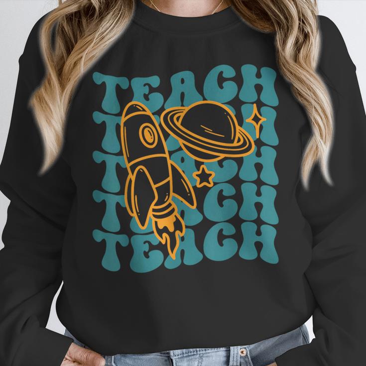 Teacher Outer Space Science Astronomy Planet Saturn Teach Women Crewneck Sweatshirt, Science Teacher Gifts, funny design