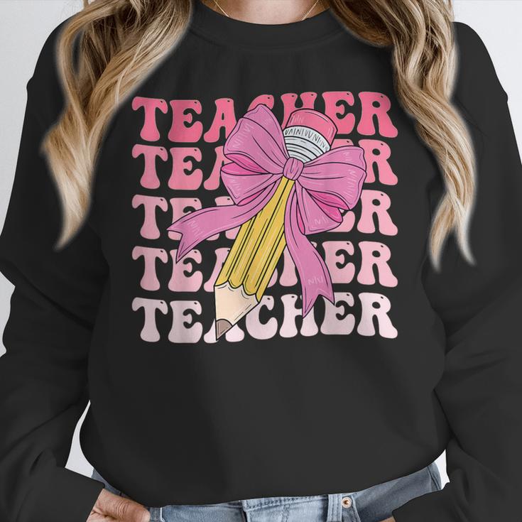 Teacher Pencil Back To School Groovy Pink Teacher First Day Women Crewneck Sweatshirt, Groovy Teacher Gifts, funny design