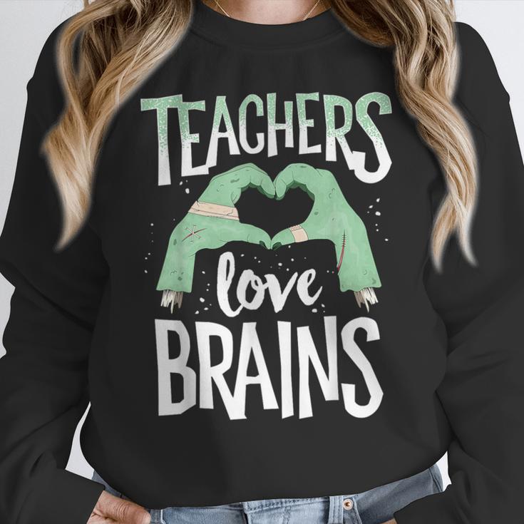 Teachers Love Brains Halloween Costume Trick Treat Zombie Women Crewneck Sweatshirt, funny design