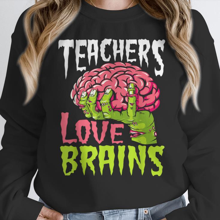 Teachers Love Brains Zombie Teacher Halloween Zombies Women Crewneck Sweatshirt, funny design