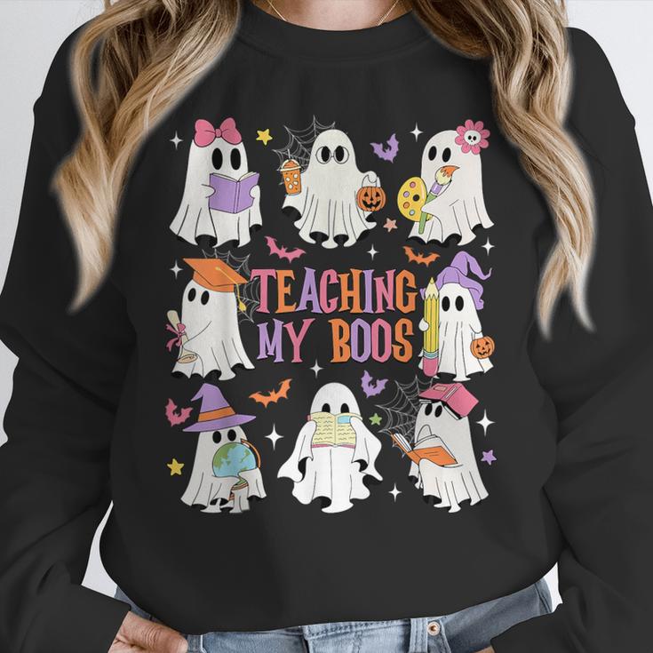 Teaching My Boos Teacher Cute Ghost Groovy Teacher Halloween Women Crewneck Sweatshirt, Groovy Teacher Gifts, funny design Teaching My Boos Teacher Cute Ghost Groovy Teacher Halloween Women Crewneck Sweatshirt, Groovy Teacher Gifts, funny design