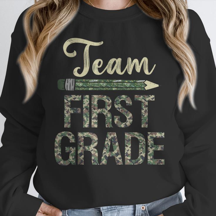 Team First Grade Camo 1st Grade Teacher Camouflage Women Crewneck Sweatshirt, First Grade Teacher Gifts, funny design