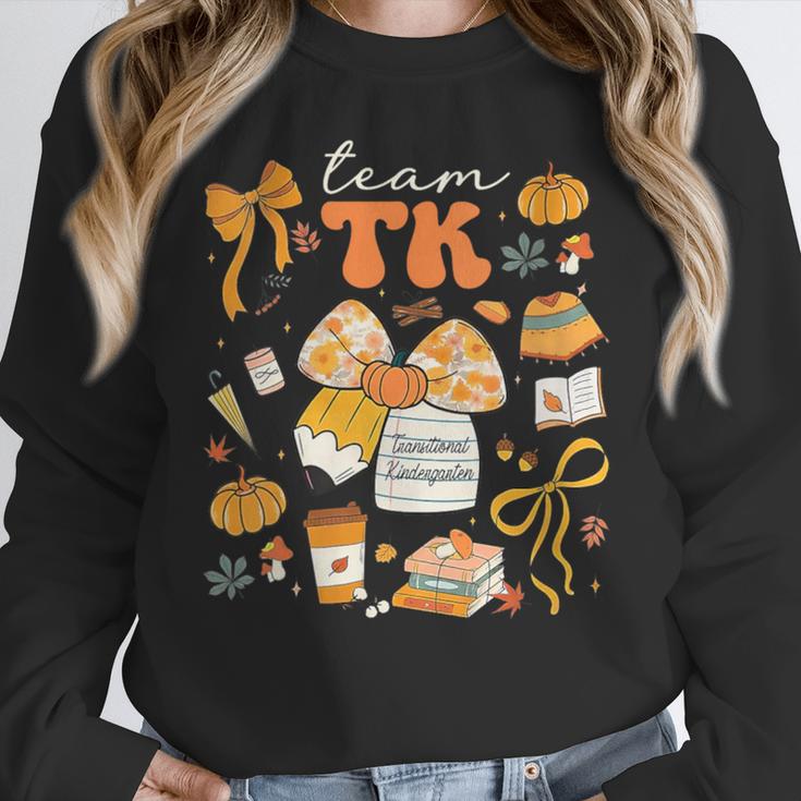 Team TK Crew Preppy Coquette Bow Pumpkin Fall TK Teacher Women Crewneck Sweatshirt, funny design