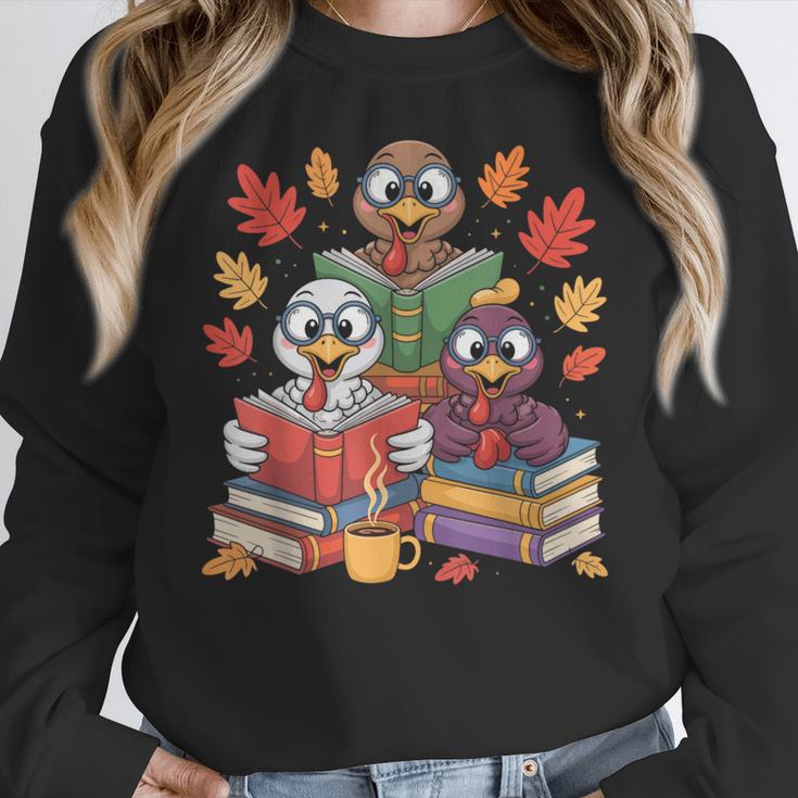 Thanksgiving Teacher Books Turkey Reading Book Women Crewneck Sweatshirt, funny design