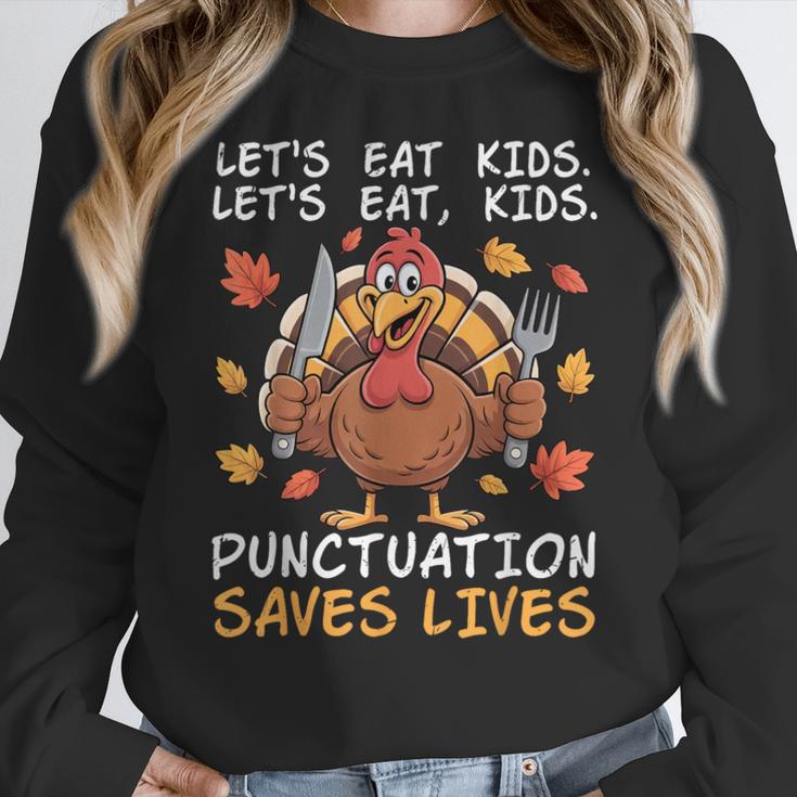Thanksgiving Teacher Turkey Lets Eat Kids Punctuation Women Crewneck Sweatshirt, funny design
