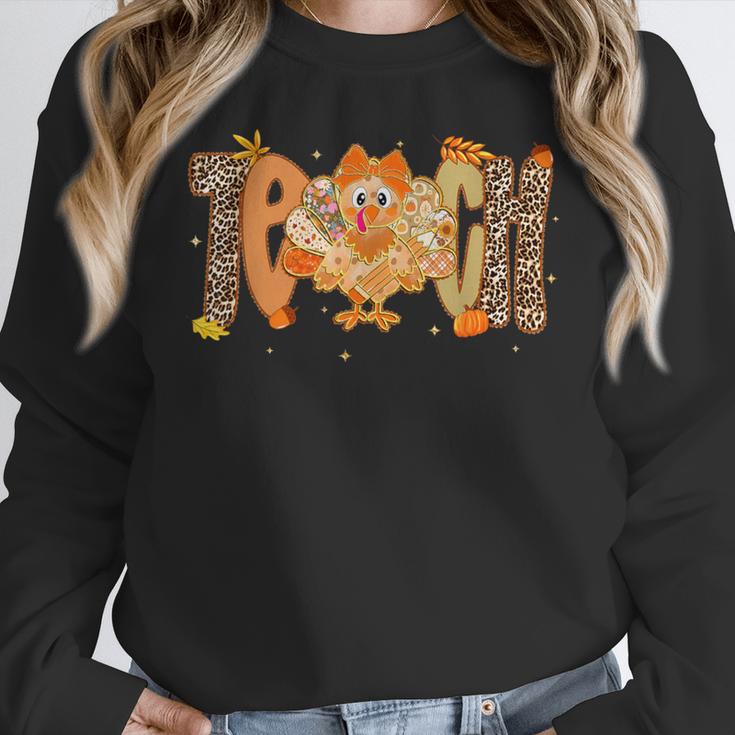 Thanksgiving Turkey Teach Thankful Teacher Girly Bow Women Women Crewneck Sweatshirt, funny design