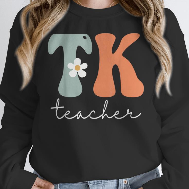 TK Teacher Retro Groovy Vintage Happy First Day Of School Women Crewneck Sweatshirt, Groovy Teacher Gifts, funny design