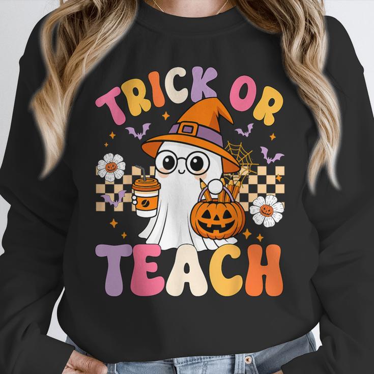 Trick Or Teach Cute Ghost Coffee Pumpkins Halloween Teacher Women Crewneck Sweatshirt, funny design Trick Or Teach Cute Ghost Coffee Pumpkins Halloween Teacher Women Crewneck Sweatshirt, funny design