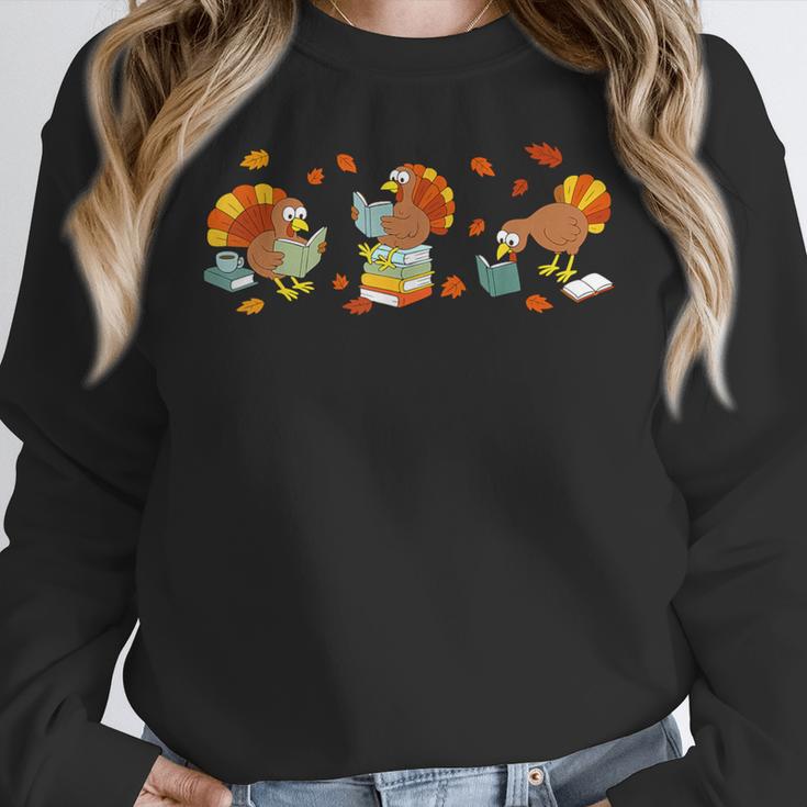 Turkey Reading Books Fall Thanksgiving Teacher Book Lovers Women Crewneck Sweatshirt, funny design