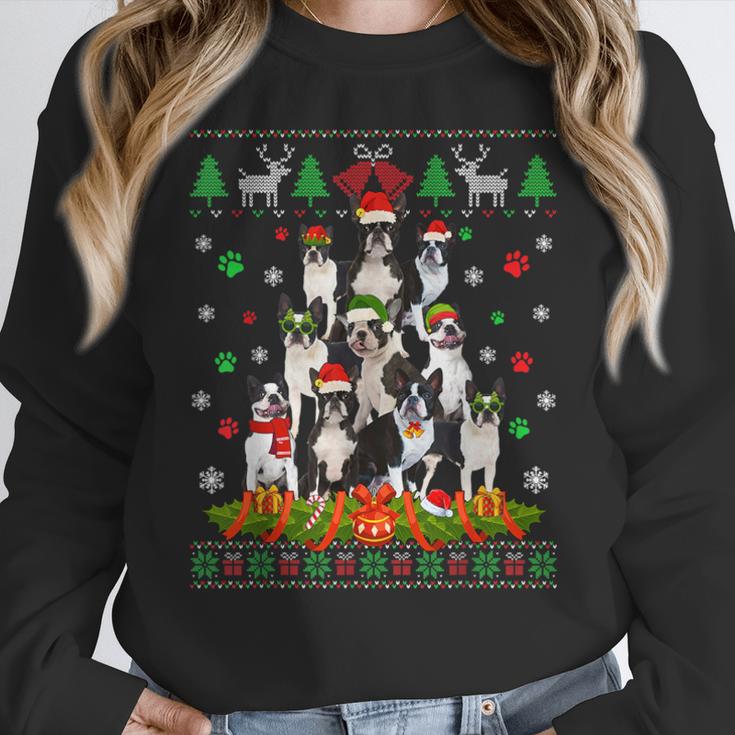 Ugly Sweater Christmas Tree Boston Terrier Dog Xmas Pajama Women Crewneck Sweatshirt, Boston Terrier Christmas Gifts, funny design