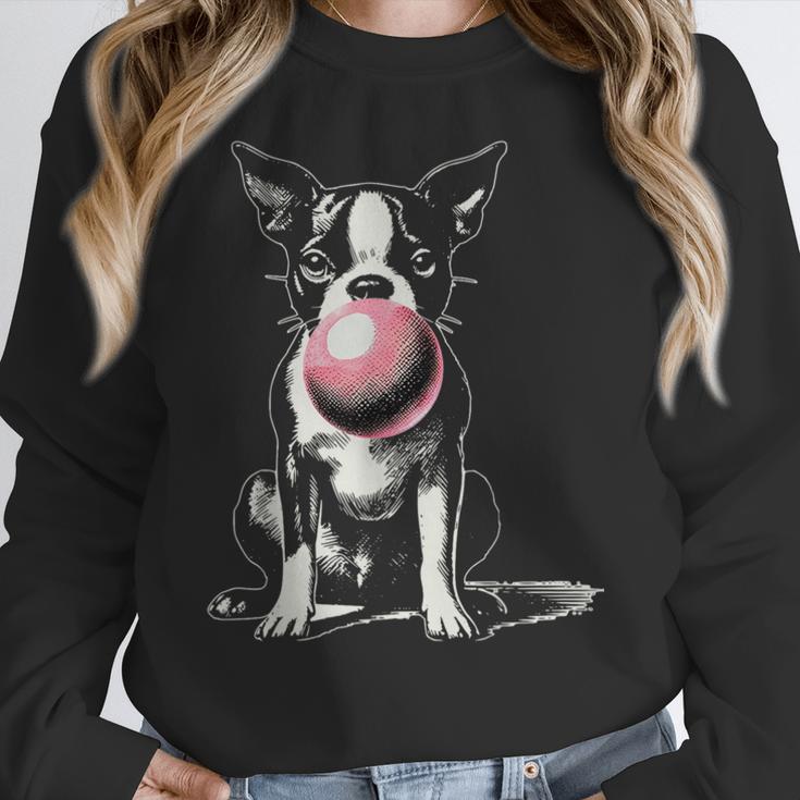 Vintage Boston Terrier Blowing Bubble Gum American Gentleman Women Crewneck Sweatshirt, American Boston Terrier Gifts, funny design