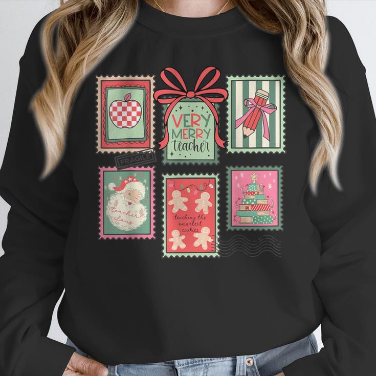 Vintage Preppy Very Merry Teacher Santa Stamps Christmas Women Crewneck Sweatshirt, funny design Vintage Preppy Very Merry Teacher Santa Stamps Christmas Women Crewneck Sweatshirt, funny design