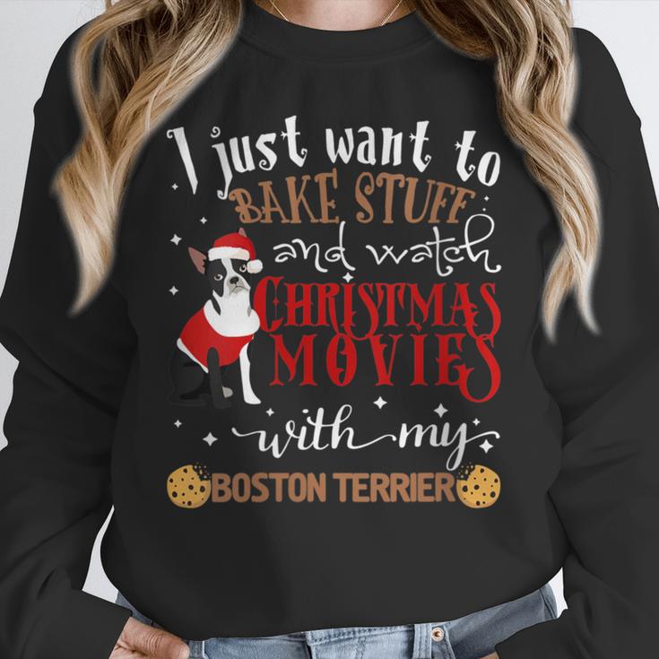 Watch Christmas Movies With My Boston Terrier Bostie Women Crewneck Sweatshirt, Boston Terrier Christmas Gifts, funny design