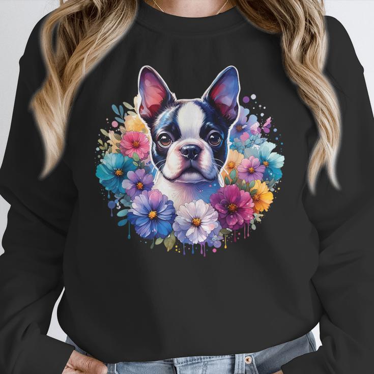 Watercolor Floral Boston Terrier Mama Dog Lover Mother's Day Women Crewneck Sweatshirt, funny design