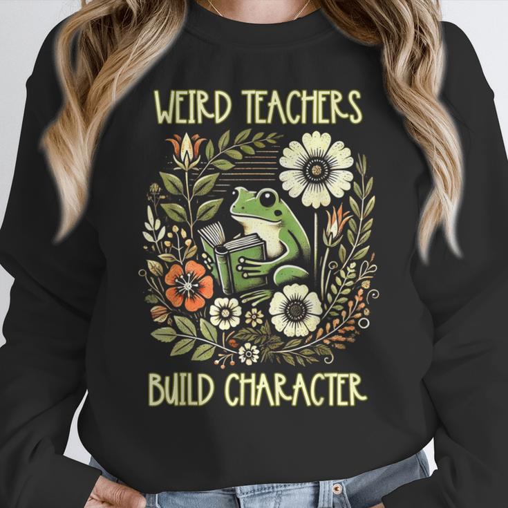 Weird Teachers Build Character Frog Reading Book Librarian Women Crewneck Sweatshirt, funny design