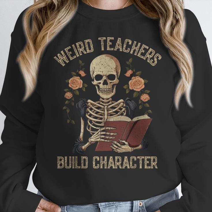 Weird Teachers Build Character Skeleton Book Halloween Women Women Crewneck Sweatshirt, funny design Weird Teachers Build Character Skeleton Book Halloween Women Women Crewneck Sweatshirt, funny design