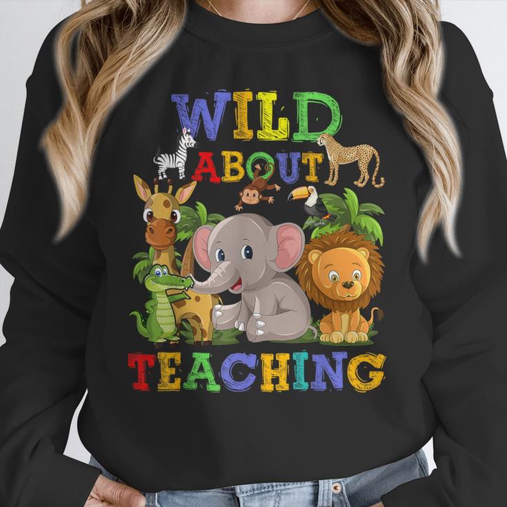 Wild About Teaching Safari Jungle School Teacher Women Crewneck Sweatshirt, funny design Wild About Teaching Safari Jungle School Teacher Women Crewneck Sweatshirt, funny design