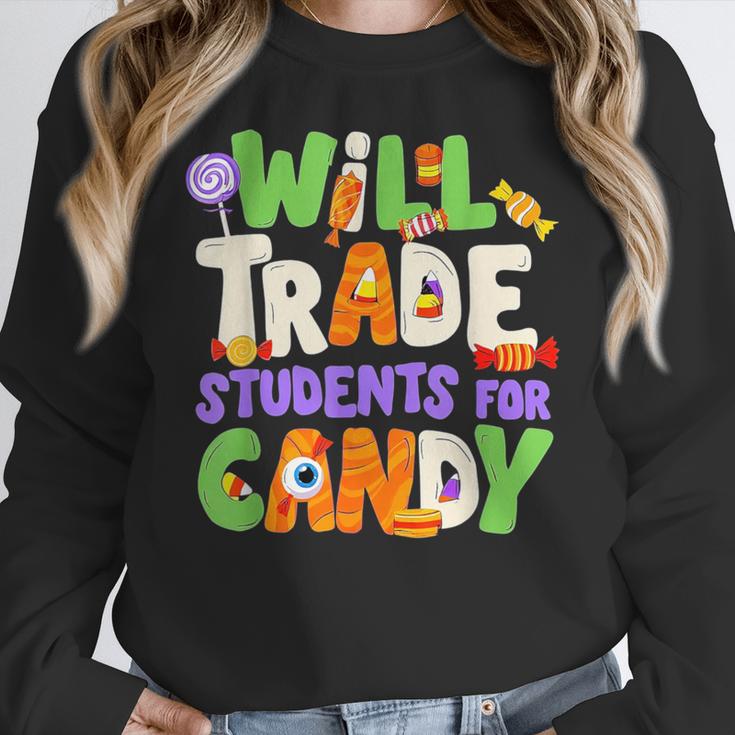 Will Trade Students For Candy Teacher Cute Halloween Costume Women Crewneck Sweatshirt, funny design