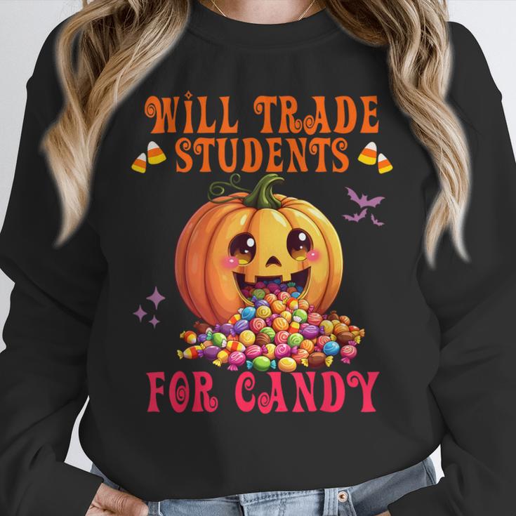 Will Trade Students For Candy Teacher Cute Halloween Pumpkin Women Crewneck Sweatshirt, funny design Will Trade Students For Candy Teacher Cute Halloween Pumpkin Women Crewneck Sweatshirt, funny design