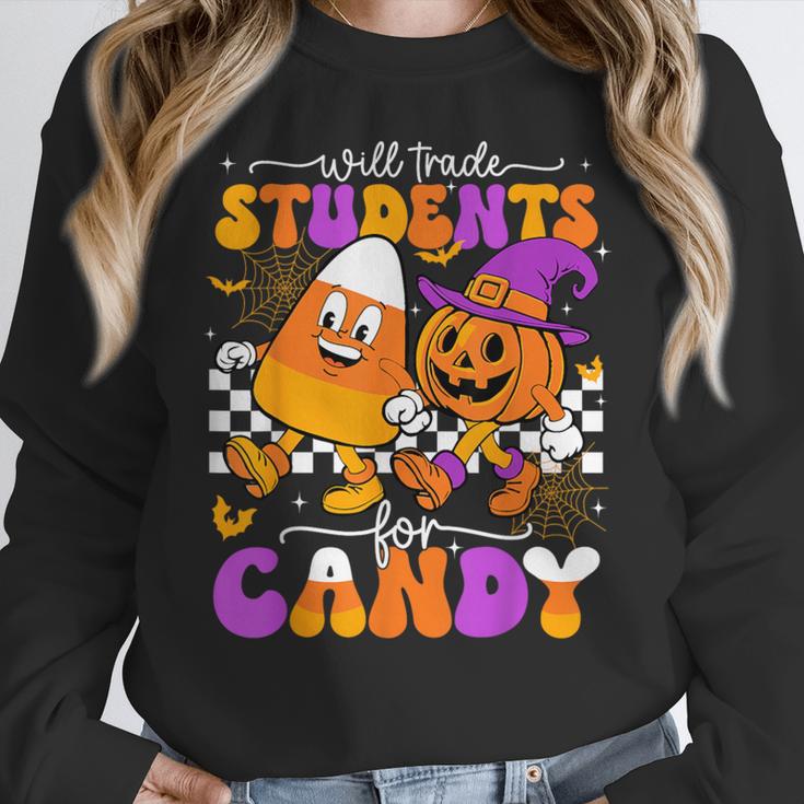 Will Trade Students For Candy Teacher Halloween Women Crewneck Sweatshirt, funny design Will Trade Students For Candy Teacher Halloween Women Crewneck Sweatshirt, funny design
