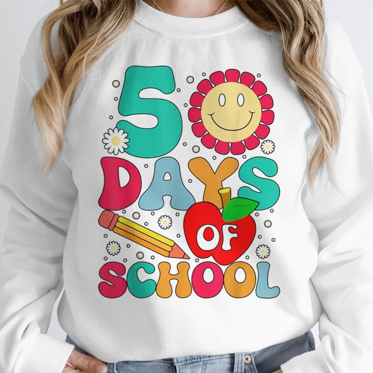 50 Days Of School Teacher Happy 50th Day Of School Kids Women Crewneck Sweatshirt, funny design