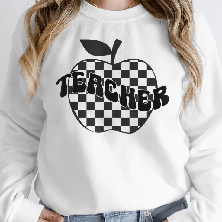 Back To School Checkered Apple Teacher Checkerboard Teacher For Men Women Girls Kids Women Crewneck Sweatshirt, funny design