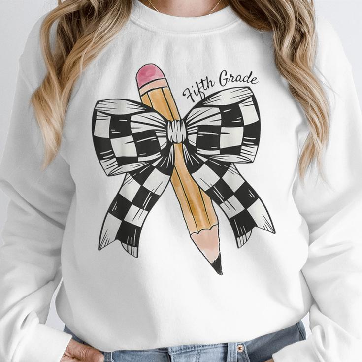 Back To School Hello Fifth Grade Teacher Coquette Pencil Bow Women Crewneck Sweatshirt, funny design