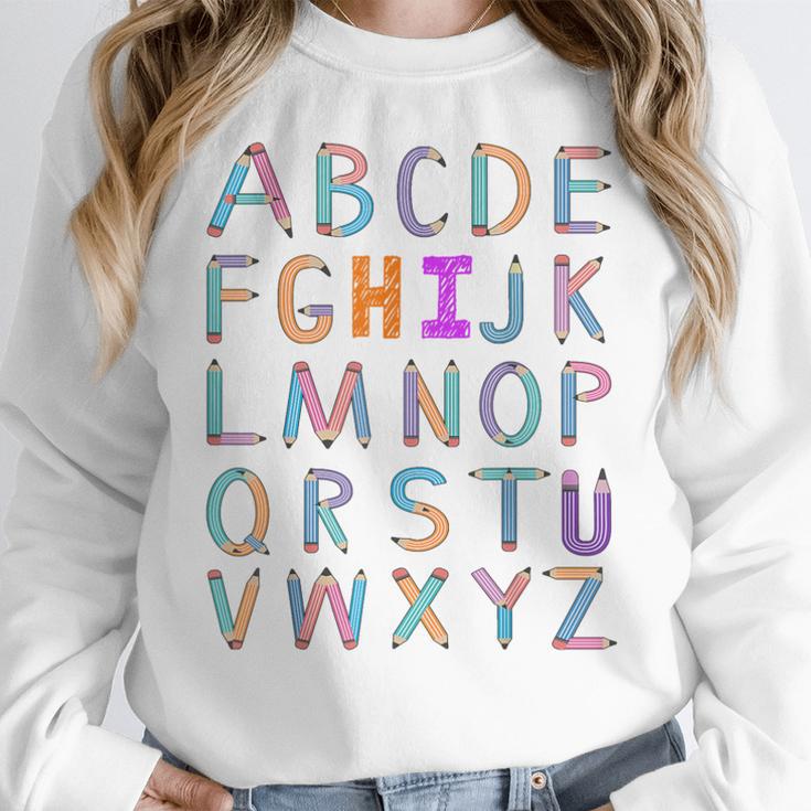 Back To School Kindergarten Alphabet ABC Teacher Women Kids Women Crewneck Sweatshirt, funny design Back To School Kindergarten Alphabet ABC Teacher Women Kids Women Crewneck Sweatshirt, funny design