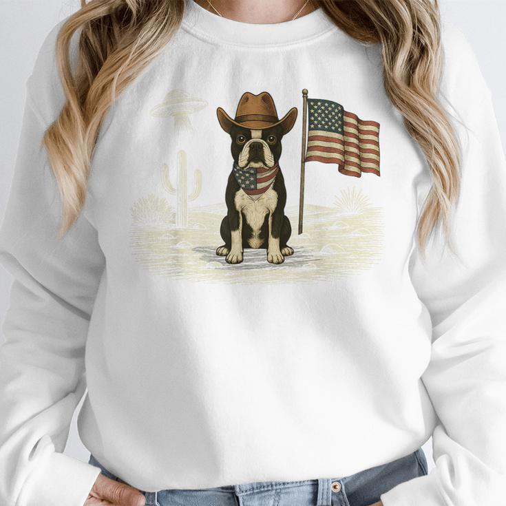 Boston Terrier 4th Of July US American Flag Dog Patriotic Women Crewneck Sweatshirt, Patriotic Boston Terrier Gifts, American Boston Terrier Gifts, Boston Terrier 4th Of July Gifts, funny design