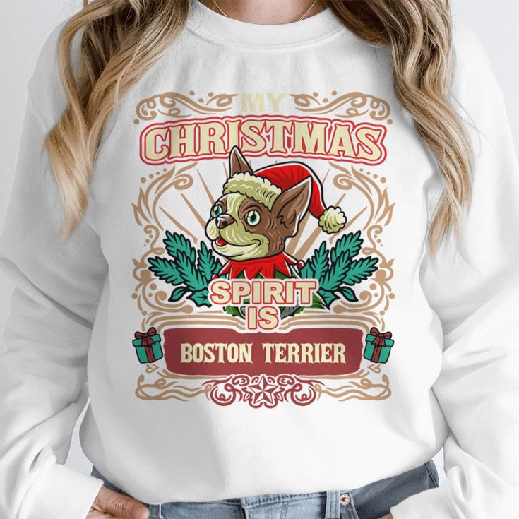 Boston Terrier My Christmas Spirit Dog Santa Claus X-Mas Women Crewneck Sweatshirt, Boston Terrier Christmas Gifts, funny design